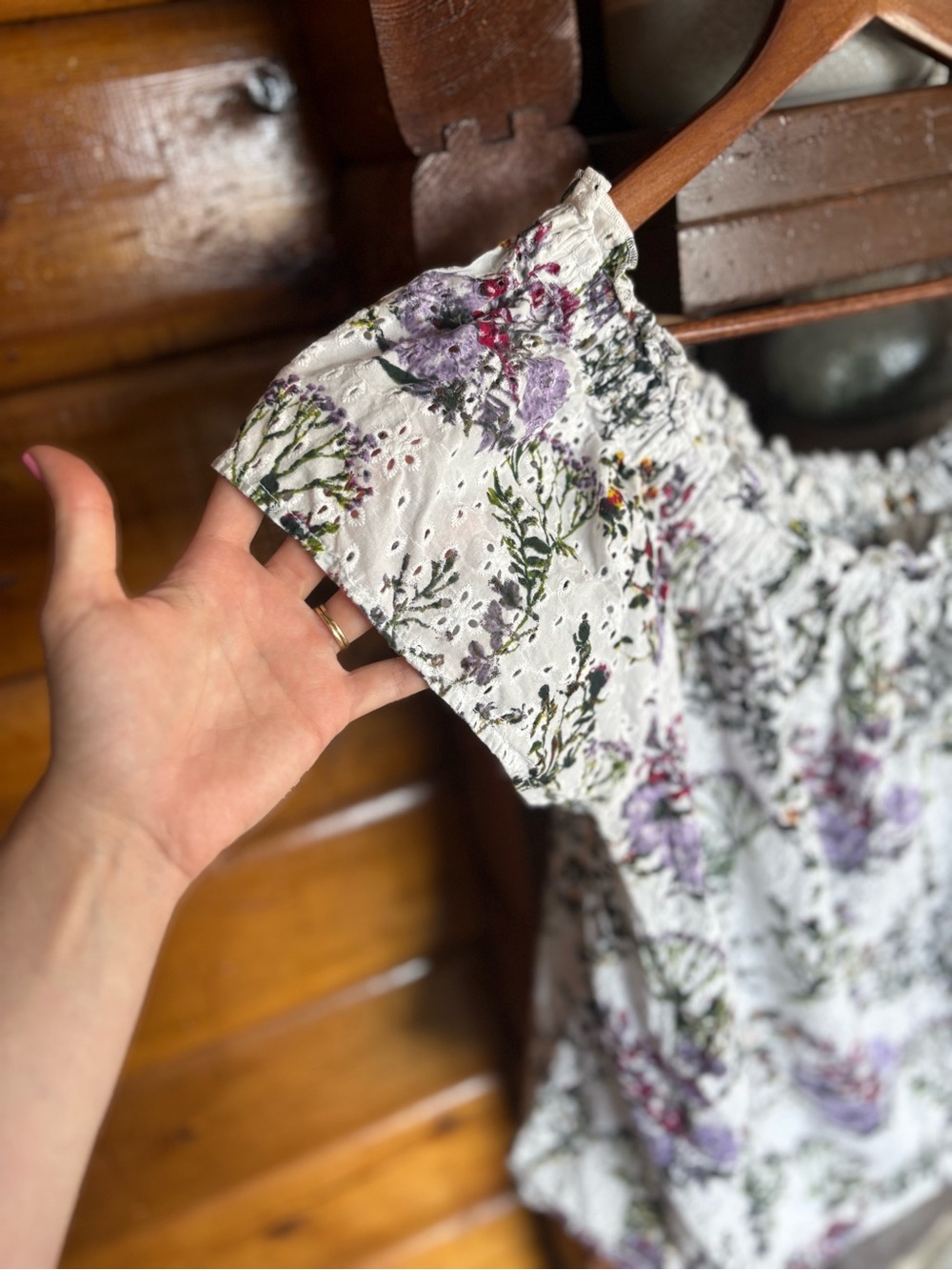 Violeta by Mango Floral Eyelet Off Shoulder Blouse White Purple M - Picture 5 of 8